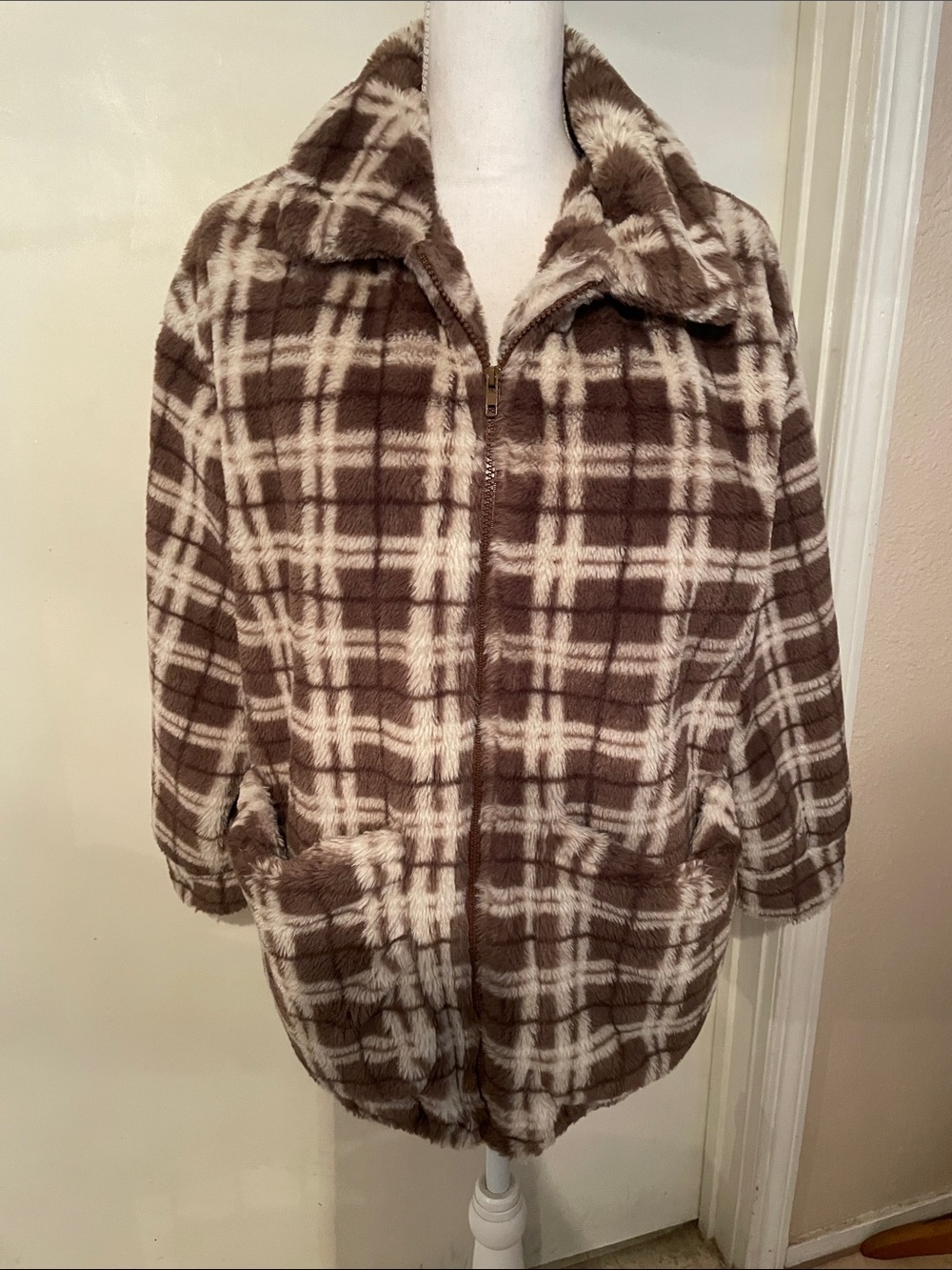 “Shein” Cozy Brown Plaid Faux-Fur Zip Jacket!